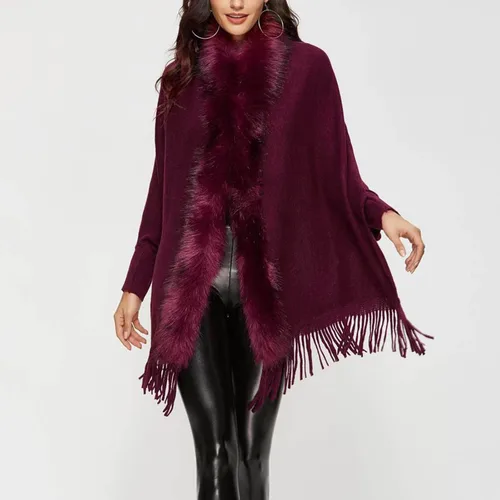 Vista 2 de Cárdigan de punto sólido para mujer para otoño e invierno, con borlas al frente abierto, chal, capa, capa, cárdigans