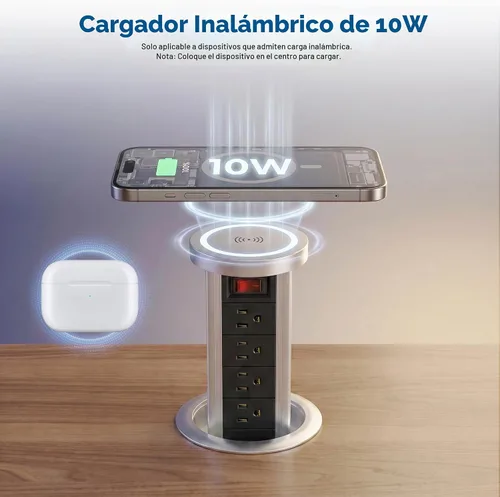 Vista 4 de BTU Toma de corriente desplegable para encimera, receptáculo con USB C y 4 salidas de CA, toma de corriente empotrada con cargador inalámbrico de 10