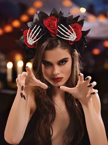 Vista 4 de Woeoe Diadema de Halloween FLower para el Día de los Muertos, diseño floral, araña, murciélago, fiesta, tocado para mujeres y niñas