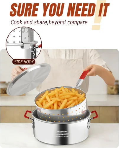 Vista 4 de Freidora de pescado de aluminio de 10 cuartos con cesta, freidora con tapa, termómetro, pinzas para freidora y mango de fácil agarre para cocinar
