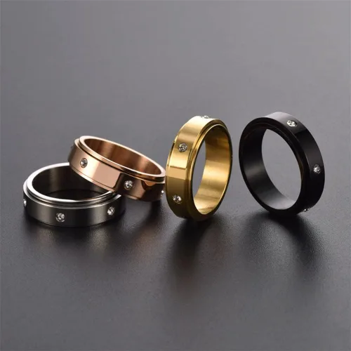 Vista 3 de Anillo giratorio de acero inoxidable para mujeres y hombres, anillos de banda para ansiedad, piedras de circonita cúbica, alivio del estrés, anillos