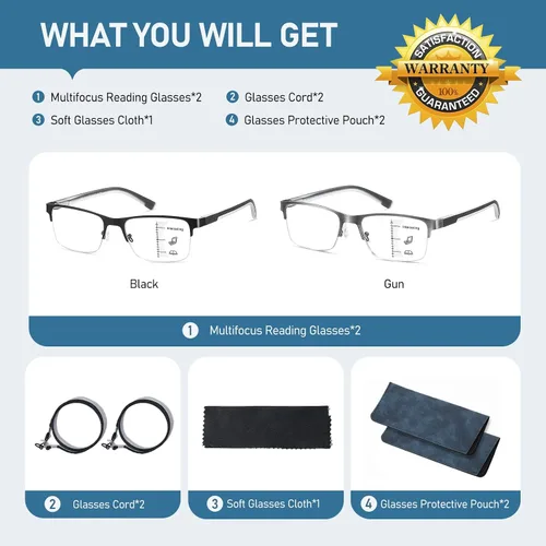 Vista 8 de LKEYE Gafas de lectura multifoco para hombre, sin línea, lector multifocal progresivo, luz azul, marco de metal, lentes trifocales