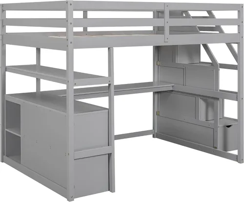 Vista 5 de Harper & Bright Designs Cama Loft de Madera Tamaño Full con Escaleras y Cajones para Almacenamiento, Marco de Cama Loft Moderno con Escritorio