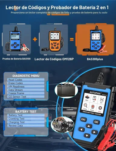Vista 2 de AUTOPHIX Escáner OBD2 BAS300 Plus 2 en 1 y probador de batería de 12 V Azul lago