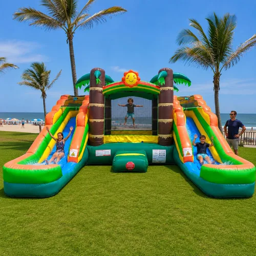 Vista 11 de Pogo Bounce House Tobogán acuático dual y piscinas inflables del castillo Rosa