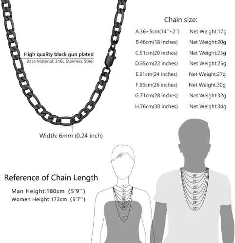 Vista 5 de PROSTEEL 316L Stainless Steel Figaro Chain Necklace for MenWomen, Black18K Real Gold Plated, 4mm to 13mm, 14inch to 30inch, Come Gift Box