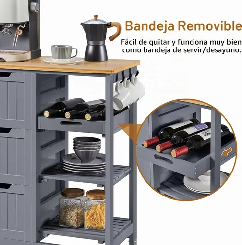 Vista 7 de Yaheetech Carrito de Isla de Cocina con Ruedas, Carrito de Almacenamiento Rodante con Encimera de Bambú, 3 Cajones, 3 Estantes Extraíbles y Ruedas