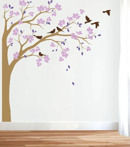 Vista 3 de Adhesivo decorativo para pared de árbol de esquina grande con flores grandes, pájaros y hojas para cuarto de bebé, mural 087