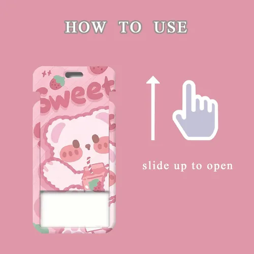 Vista 5 de FGISAR 2 piezas de soporte para tarjeta fotográfica Kpop, lindo oso de fresa, soporte para tarjetas de identificación Kpop con llavero, carrete