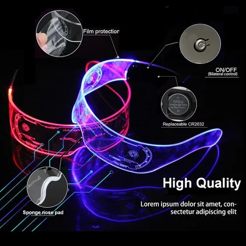 Vista 4 de Gafas de visera LED, 7 colores, gafas futuristas, 3 modos de iluminación, gafas luminosas Cyberpunk para adultos, bar, cosplay, fiesta de Halloween