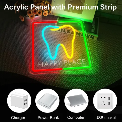 Vista 8 de Letrero de neón Happy Place Tooth, luz de pared LED colorida para odontología infantil y decoración del hogar, luz de neón en forma de diente