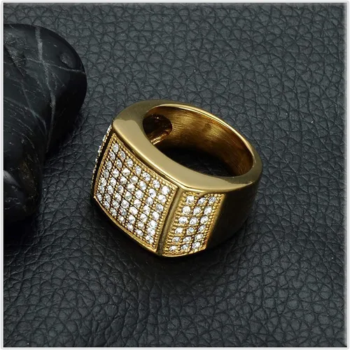 Vista 3 de Xusamss Hip Hop chapado en oro de 18 quilates de acero inoxidable cuadrado anillo de cristal
