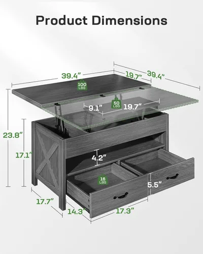 Vista 10 de Marsail Mesa auxiliar elevable, mesa central multifuncional 4 en 1 con compartimento oculto, 2 cajones y estante abierto, altura ajustable para sala