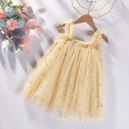 Vista 2 de Vestidos de verano de tul floral para niñas, para cumpleaños, playa, margaritas, vestido de verano de 1-6 años, vestido de tenis para niños