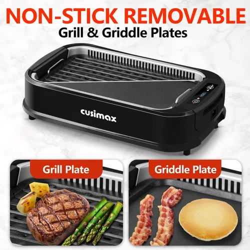 Vista 2 de Parrilla de Interior, CUSIMAX Parrilla Sin Humo de Interior, Parrilla Eléctrica Plancha de 1500W BBQ Coreana con Pantalla Inteligente LED y Tapa