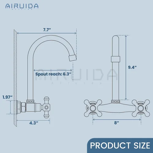 Vista 6 de Airuida Grifo de fregadero de cocina de montaje en pared, grifo central de 8 pulgadas, grifo de cocina comercial montado en la pared, mezclador