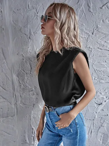 Vista 4 de Verdusa Camisetas de satén para mujer, estilo casual, sin mangas, con almohadilla de hombro