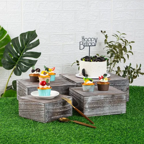 Vista 3 de Soportes cuadrados de madera vintage para tartas de madera, juego de 4 soportes de madera para cupcakes, cajas de madera rústica de 12 pulgadas