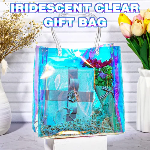 Vista 7 de Sherr 25 bolsas de regalo pequeñas holográficas transparentes iridiscentes reutilizables de plástico de PVC para compras, bodas, cumpleaños, baby