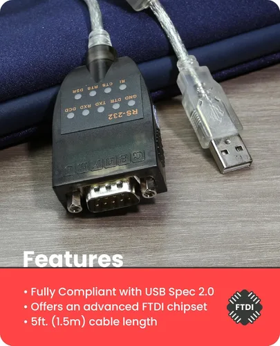 Vista 3 de Gearmo Adaptador USB a serie compatible con Windows 11, cable de 5 pies, indicadores LED, chipset FTDI, compatible con Windows 11/10/8/7 - MacOS