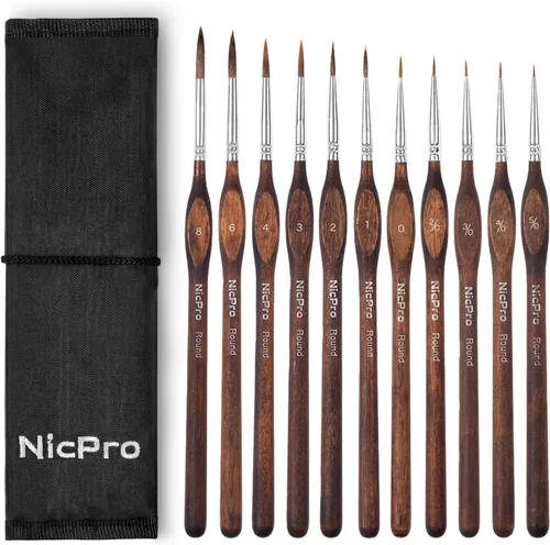 Vista 12 de Nicpro Kolinsky Sable - 7 pinceles de pintura en miniatura, pinceles profesionales de detalles finos con rollo de tela, juego de pinceles de artista