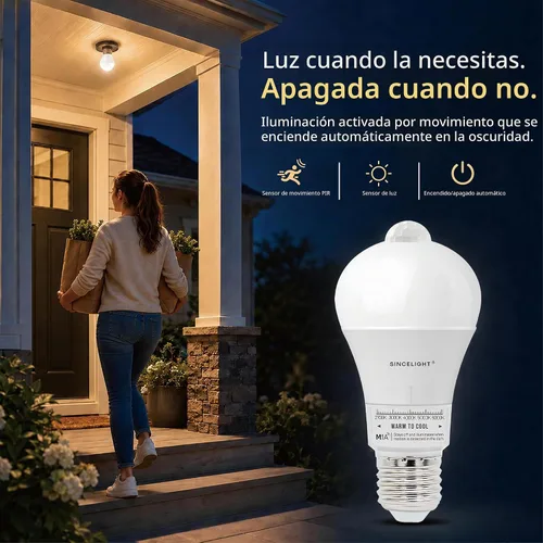 Vista 8 de SINCELIGHT - Bombilla LED con sensor de movimiento de 10 W con base E26, activada por movimiento PIR en la oscuridad, encendido/apagado automático 5