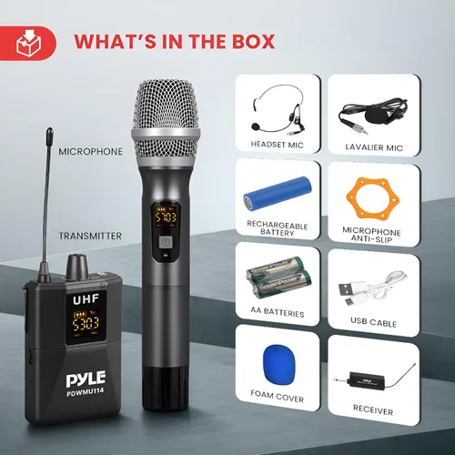 Vista 6 de Pyle Kit de Sistema de Micrófono Inalámbrico UHF - Set de Micrófono Inalámbrico Profesional Portátil Cordless - Auriculares, Lavalier, Transmisor