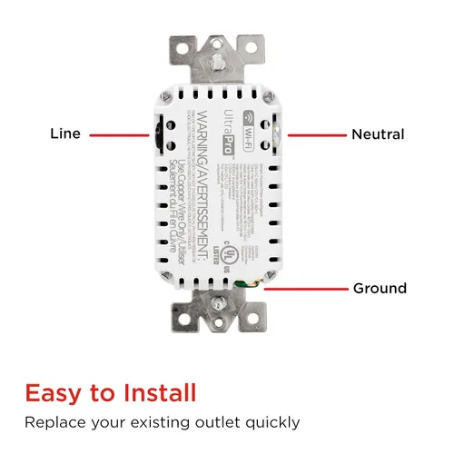 Vista 4 de UltraPro Toma de corriente inteligente en la pared, receptáculo, Wi-Fi de 2.4 GHz, no requiere concentrador, funciona con Alexa y Google Assistant