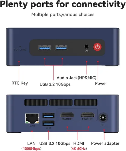 Vista 7 de Beelink Mini PC SER3 3200U, procesador AMD Ryzen 3 (2C/4T, hasta 3.5 GHz), mini computadora 8 GB DDR4 480 GB SSD, PC de escritorio dual HDMI/4K