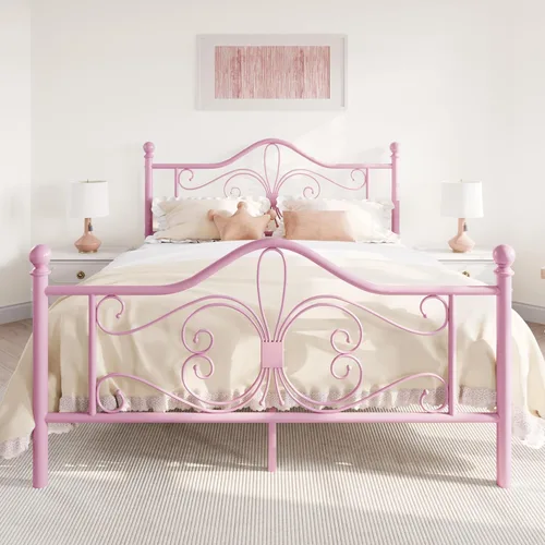 Vista 9 de SHA CERLIN Estructura de cama de tamaño individual para niños, estructura de cama de metal con cabecero y pie de cama con diseño de patrón de Negro
