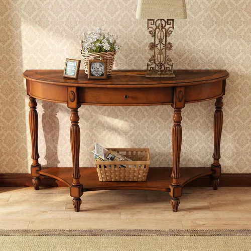 Vista 19 de Mesa auxiliar ovalada de madera con cajón y estante de almacenamiento, 22 x 28" blanco antiguo con cajón-cjz