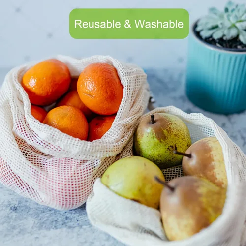 Vista 4 de KerKoor Bolsas reutilizables de malla de algodón para productos - Almacenamiento de productos, bolsas de verduras y frutas (paquete de 6)