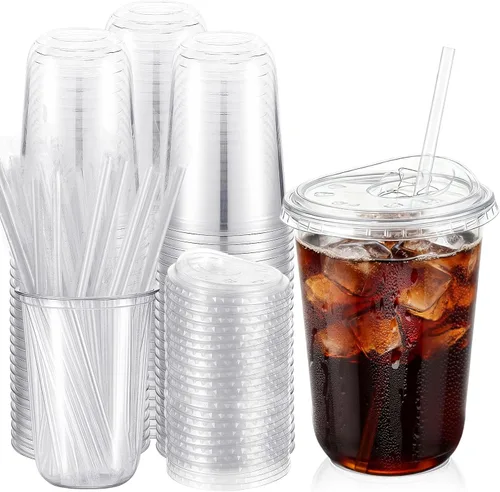 Vista 10 de Ziliny Paquete de 50 vasos de plástico transparente negro de 12 onzas con tapas y popotes, vasos desechables para mascotas, taza de café helado