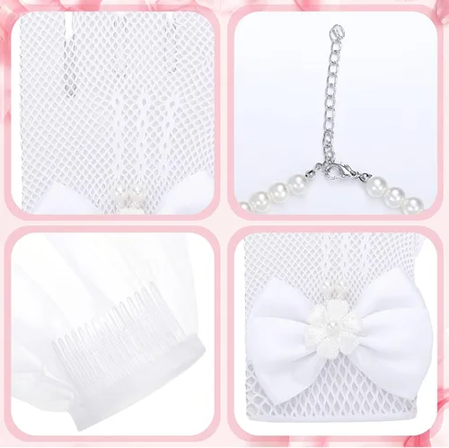 Vista 5 de Bencailor Juego de 5 accesorios para disfraz de primera comunión, guantes de encaje con peine para el cabello, collar de perlas, pulsera y aretes