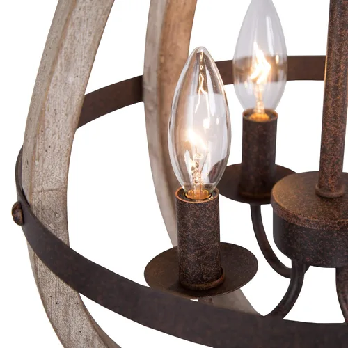 Vista 7 de Lámpara de araña de granja, lámpara de madera de orbe, iluminación de entrada de 4 luces con acabado de metal óxido cepillado a mano, color marrón