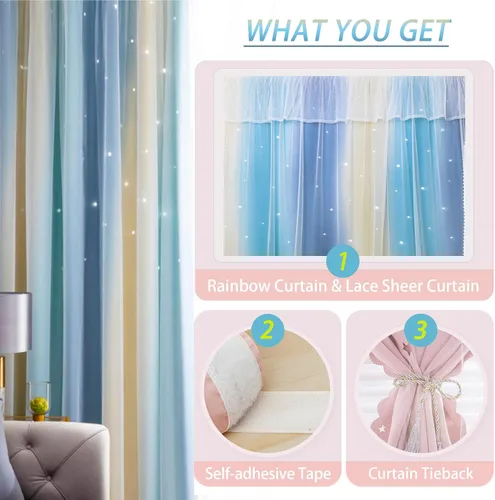 Vista 4 de Cortinas autoadhesivas para ventana de dormitorio, sin varilla, con recorte adhesivo, cortinas de estrellas para habitación de niñas, guardería