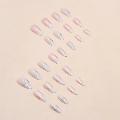 Vista 4 de Aurora - Uñas postizas a presión degradadas, uñas postizas largas de almendra, diseño de sol y luna brillante, uñas artificiales reutilizables