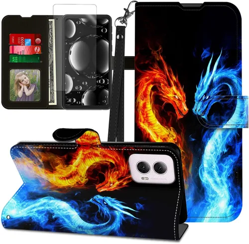 Vista 88 de Funda para Motorola Edge 2022 con protector de pantalla, soporte y tarjetero y correa para la muñeca, funda magnética para Moto Edge 2022 5G UW Lobo