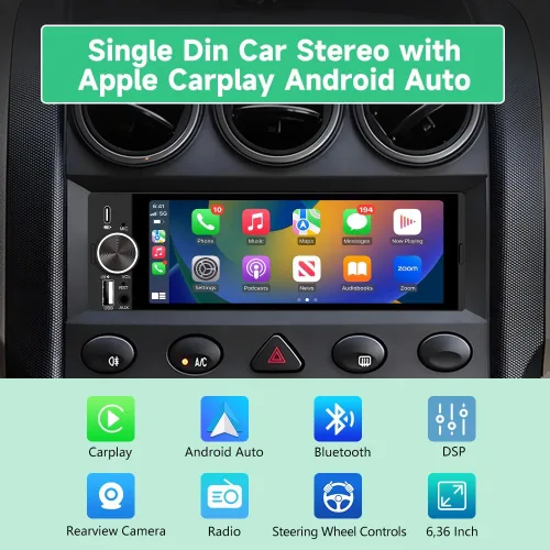 Vista 2 de Estéreo de coche de un solo DIN, CarPlay de 6.36 pulgadas y radio con pantalla táctil IPS Android Auto con Bluetooth con cámara de respaldo