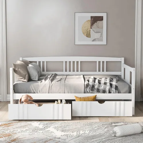 Vista 17 de P PURLOVE Sofá cama individual de madera con rieles, cama individual, listones de madera que soportan la vida moderna, individual, espresso