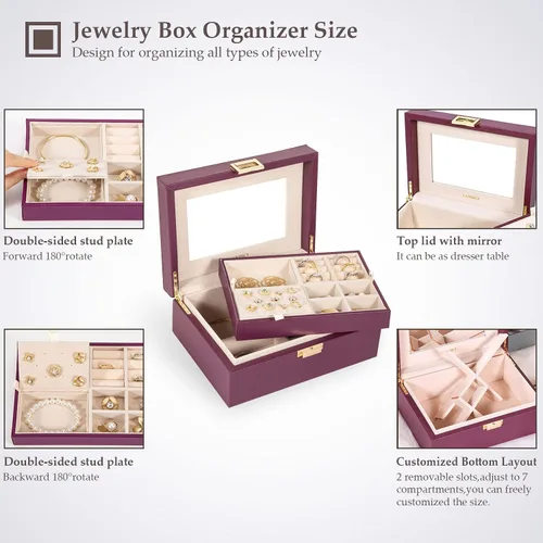 Vista 4 de LANDICI Joyero organizador para mujeres y adolescentes estuche grande de almacenamiento de joyas con espejo y bandeja extraíble de 2 capas soporte