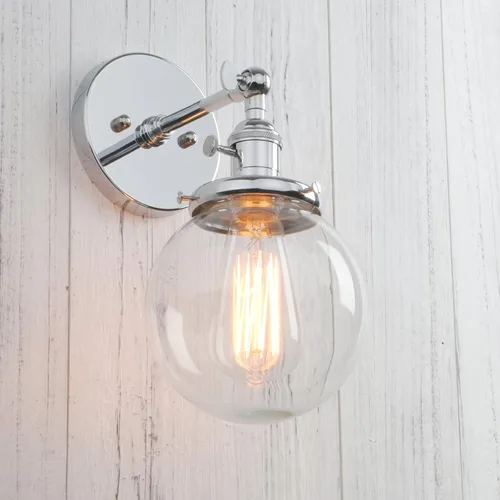 Vista 4 de PERMO Aplique de Pared Industrial Vintage con Mini Pantalla Globo Redonda de Vidrio Transparente Soplado a Mano de 5.9" (Cromado)