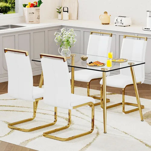 Vista 15 de Juego de mesa de comedor de vidrio Ebullient para 4, mesa de 51" de vidrio templado transparente con patas de metal negro y 4 sillas de acrílico