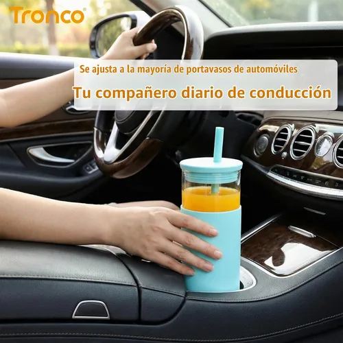 Vista 3 de Tronco Vaso de vidrio de 20 onzas con tapas y pajitas, vasos reutilizables para batidos con tapa de silicona, taza de café helado con funda Negro