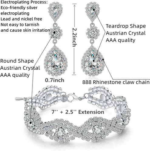 Vista 2 de Juego de aretes de diamantes de imitación de plata chapados en oro para boda, novias, damas de honor, piedra de cristal, aretes colgantes, juego