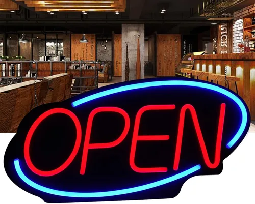 Vista 8 de Letrero LED abierto para negocios. Tablero de anuncios brillante de 19 x 10 pulgadas, letrero de apertura y cierre de alta visibilidad, luz