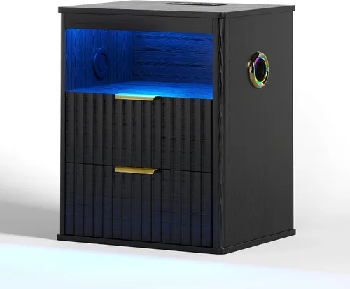 Vista 4 de Gurexl Mesita de noche inteligente con altavoz Bluetooth, moderna mesita de noche con luces LED RGB y estación de carga inalámbrica, soporte