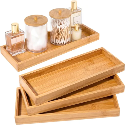 Vista 9 de Chengu 3 bandejas de bambú para baño, bandeja pequeña de madera para servir para baño, mostrador de alimentos, aperitivos, té, postre, cocina