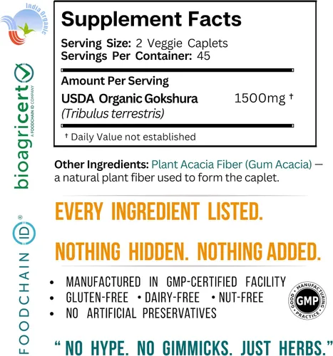 Vista 7 de Gokshura (Tribulus terrestris) - USDA Organic, 1500 mg por porción, hierbas enteras en polvo, sin extracto, certificado NPOP y BioAgriCert, 90