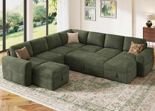 Vista 17 de HONBAY Sofá cama modular extraíble, sofá biplaza de pana, sofás para sala de estar, beige